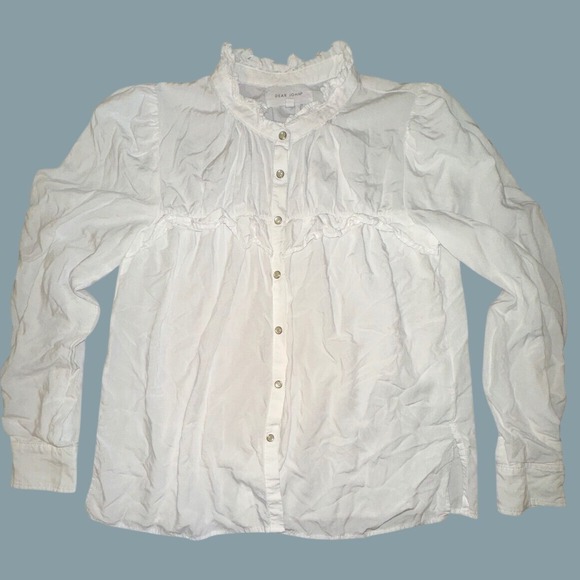 Dear John Tops - Dear John White Ruffle High Neck Button Down Blouse DSH1164M2WHT XS
